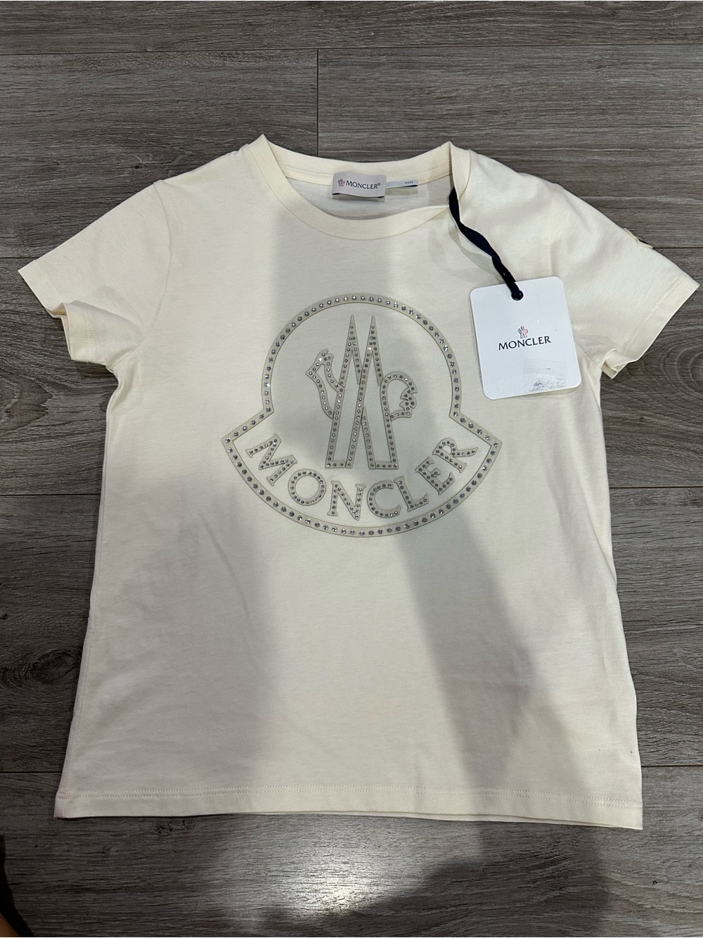 Moncler Kids Cream Logo Tee with Stud Detail